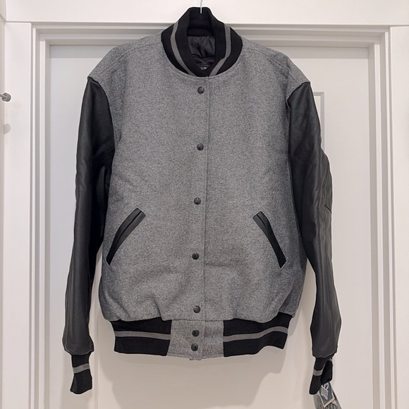 NWT [Holloway] Varsity Bomber Jacket Button-Up Grey Wool & Black Leather Men’s L - Picture 2 of 10